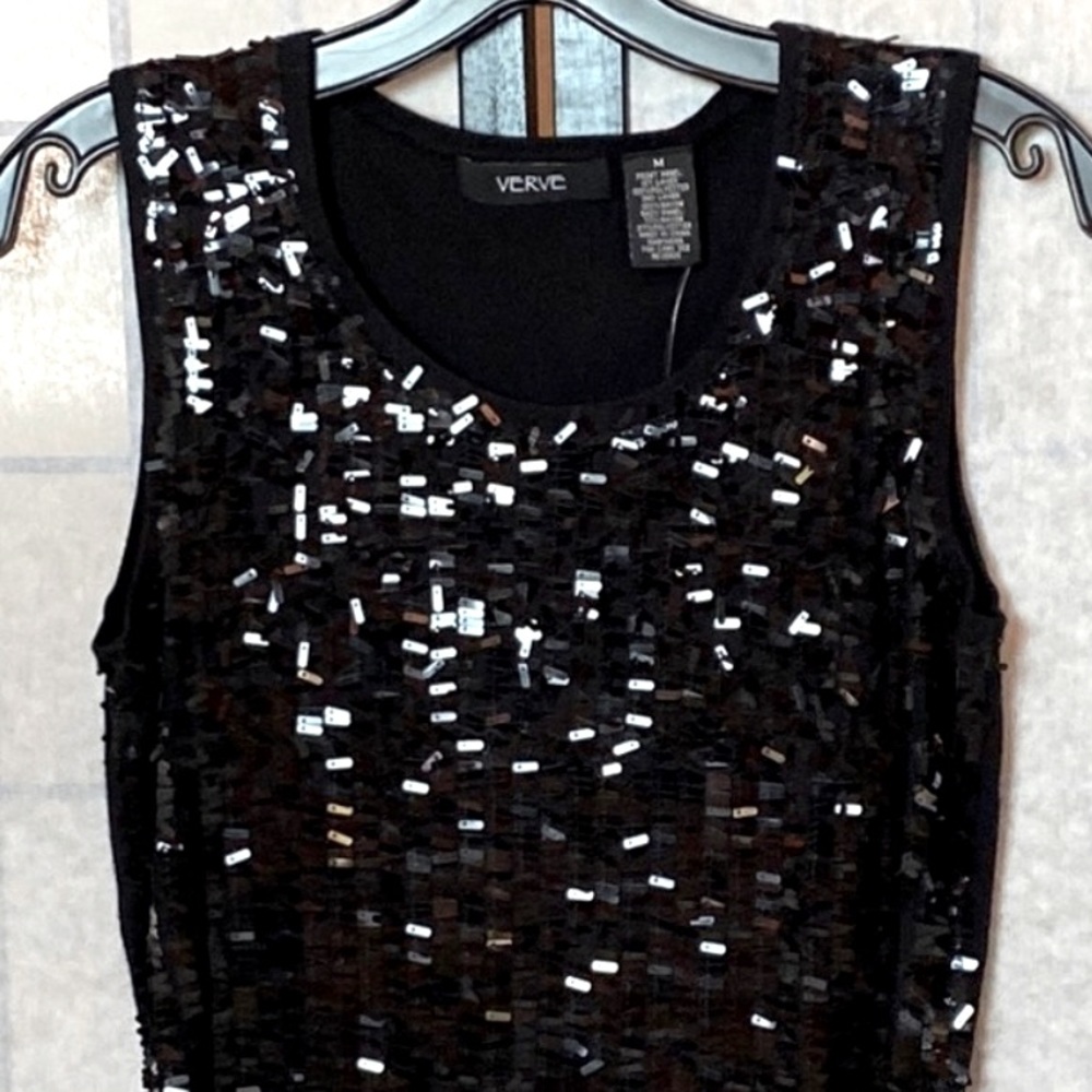 NEW! VERVE Black OBLONG Shiny SEQUINS HOLIDAY PARTY Sleeveless TANK TOP MEDIUM - Picture 1 of 8